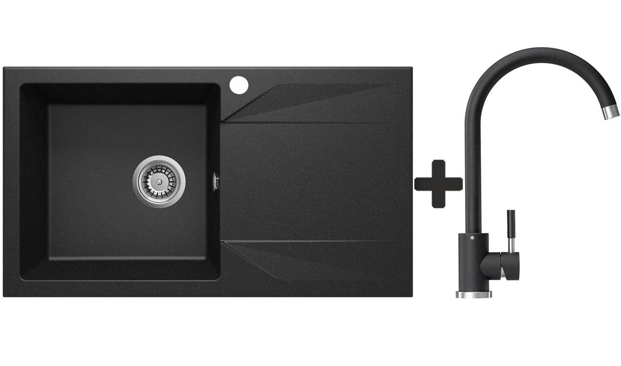 Комплект: мийка гранітна ASKANIA SANITA Чорний + Кран, фото 1