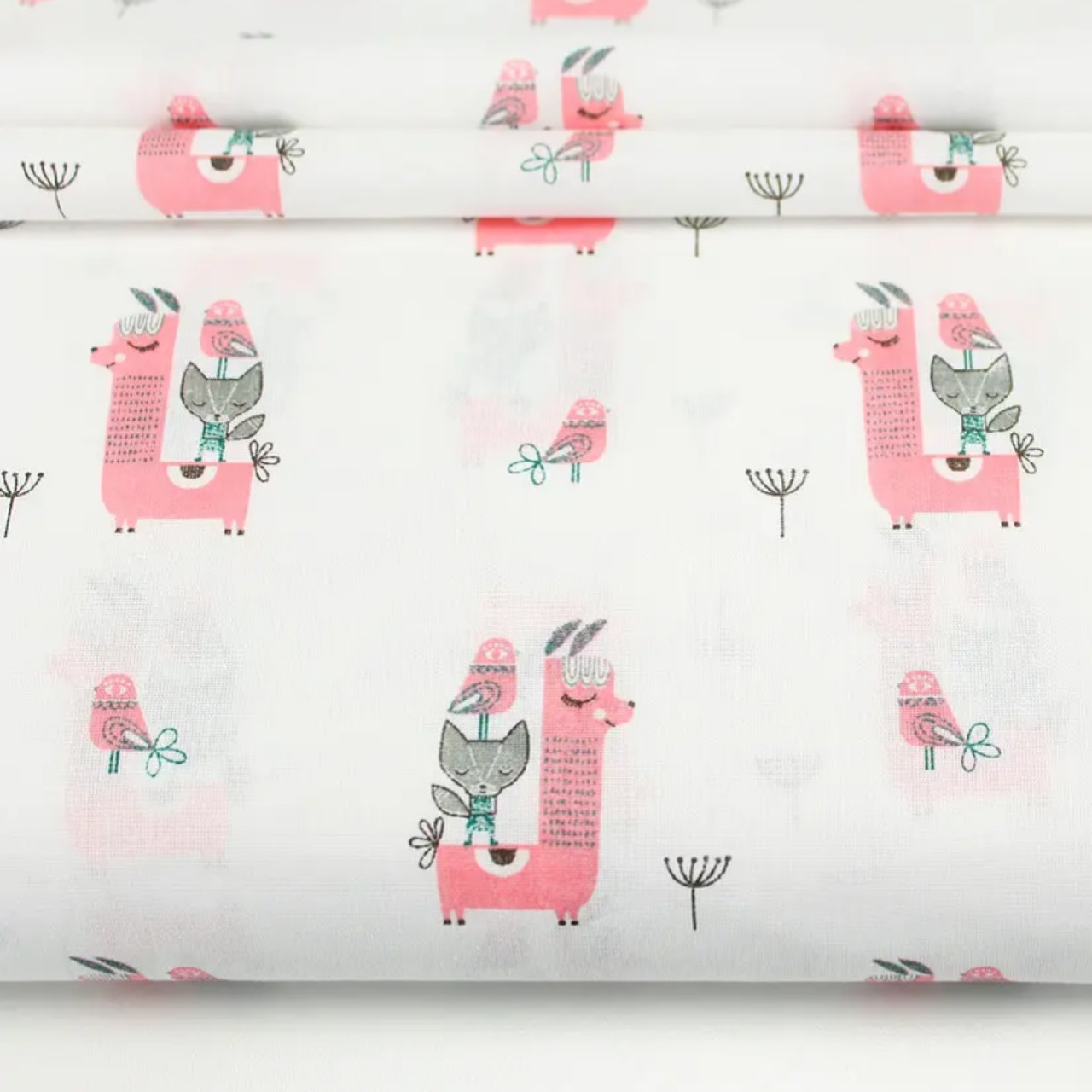 Ситець 100% хб "Лами та пташки" коралового кольору на білому No с-0153, фото 1