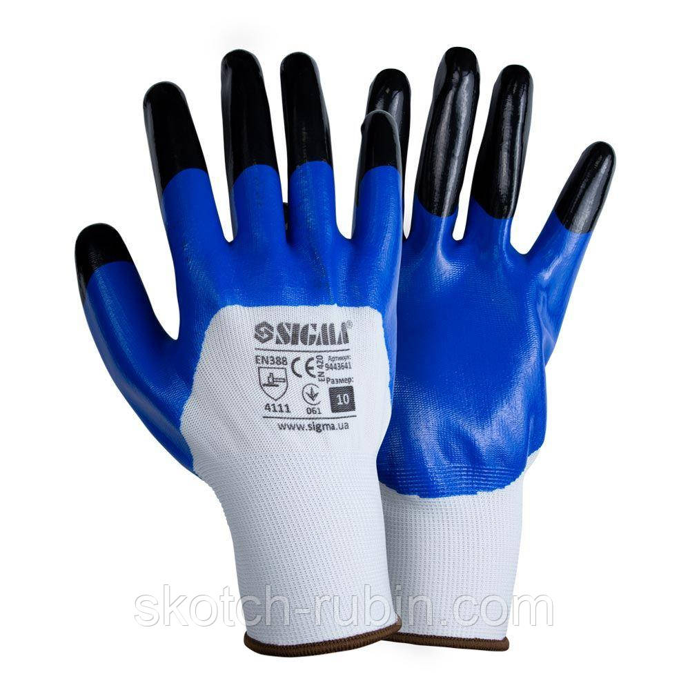 Рукавички трикотажні з частковим нітриловим покриттям посилені пальці р10 (синьо-чорні, манжет) SIGMA