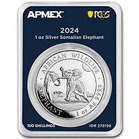 Серебряная монета 1oz Слон 100 шиллингов 2024 Сомали (MD Premier + PCGS FirstStrike®)