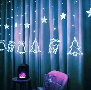 Світлодіодна гірлянда штора з формами Дзвіночок, Ялинка, Олень USB білий колір Karaman