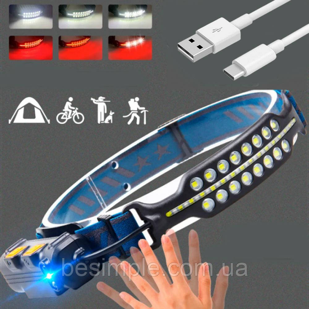 Акумуляторний ліхтар налобний USB, BL W690-2 / Світлодіодний ліхтарик на голову / Ліхтар на лоб, фото 1