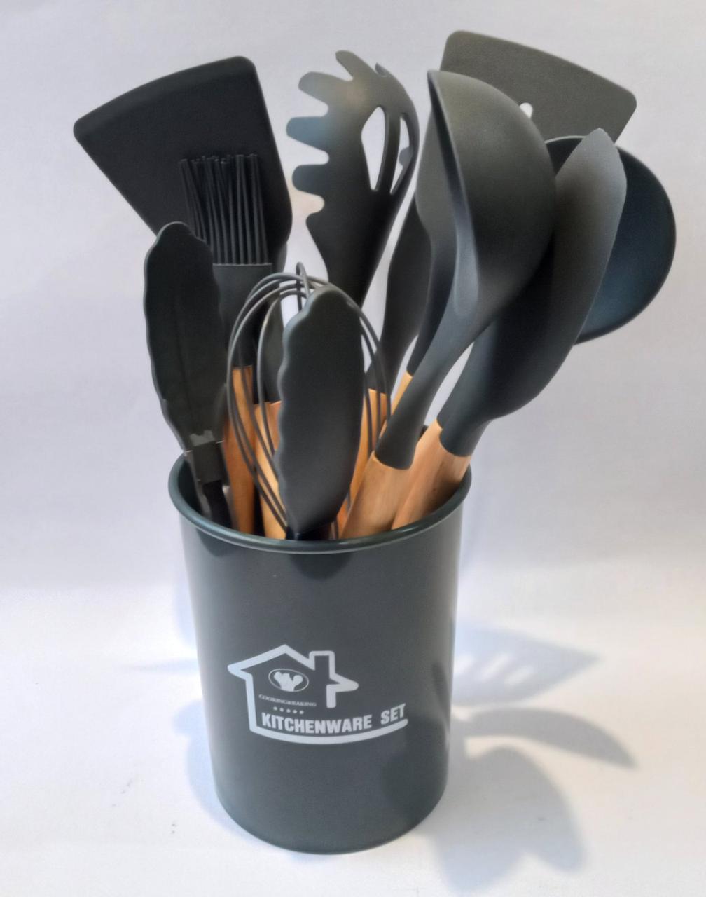 Кухонний набір з 12 предметів Kitchen темно сірий з бамбуковою ручкою, фото 1