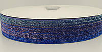Бархатная лента с люрексом 4 см, цвет-ярко-синий омбре, метр