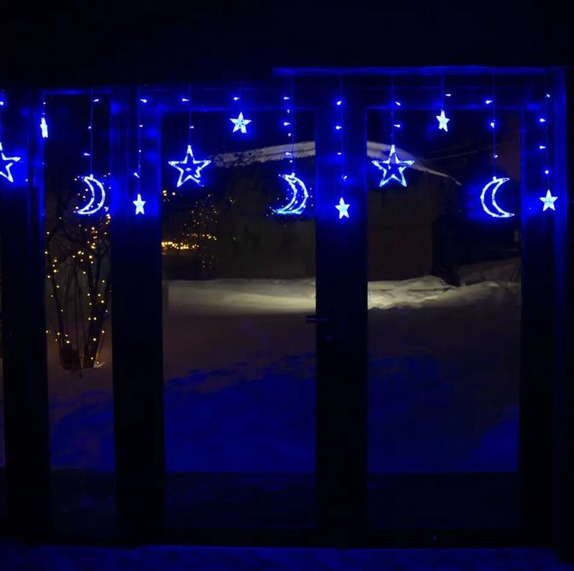 Світлодіодна гірлянда штора з фігурами Зірка та Місяць 2,5*1 м синій колір Karaman, фото 1