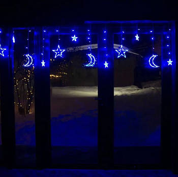 Світлодіодна гірлянда штора з фігурами Зірка та Місяць 2,5*1 м синій колір Karaman