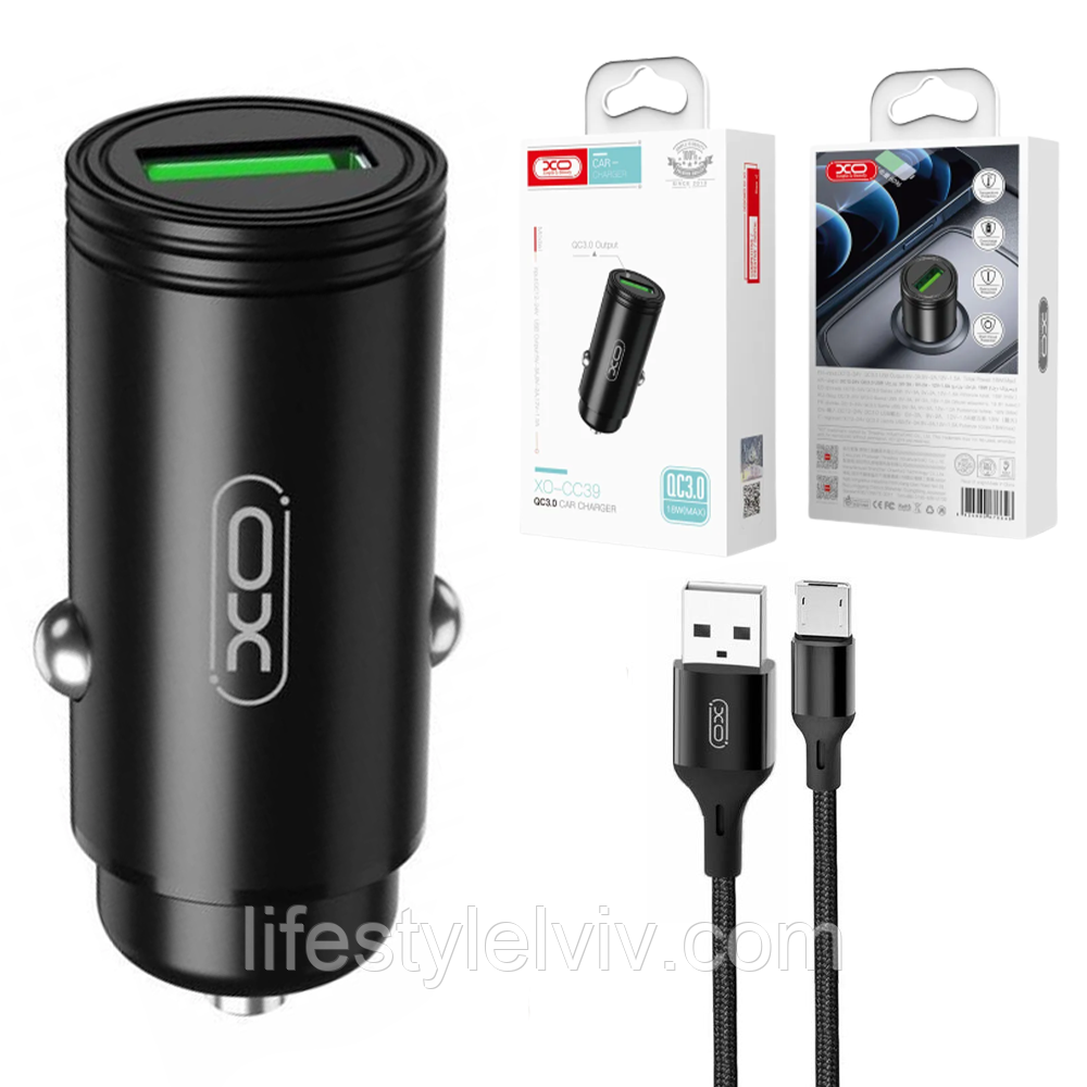 Автомобільний зарядний пристрій XO CC39 QC3,0 18W, Micro USB / Автомобільна зарядка для телефону