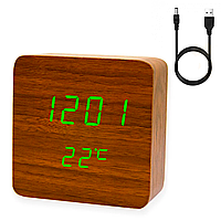 Настольные LED часы под дерево VST-872-4, с USB, Коричневый корпус, зеленая подсветка / Электронные часы