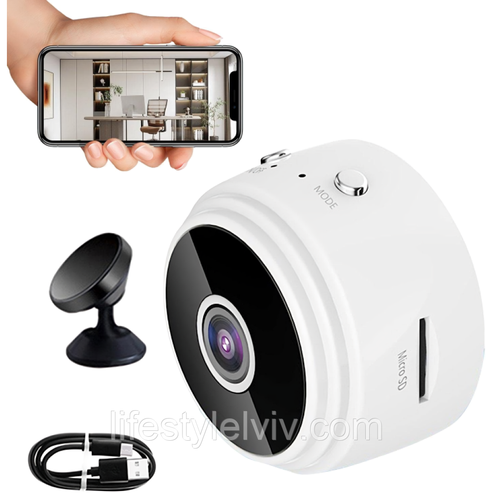 Бездротова мінікамера IP з WiFi та датчиком руху FullHD 1080, A9, Біла/ Відеокамера USB