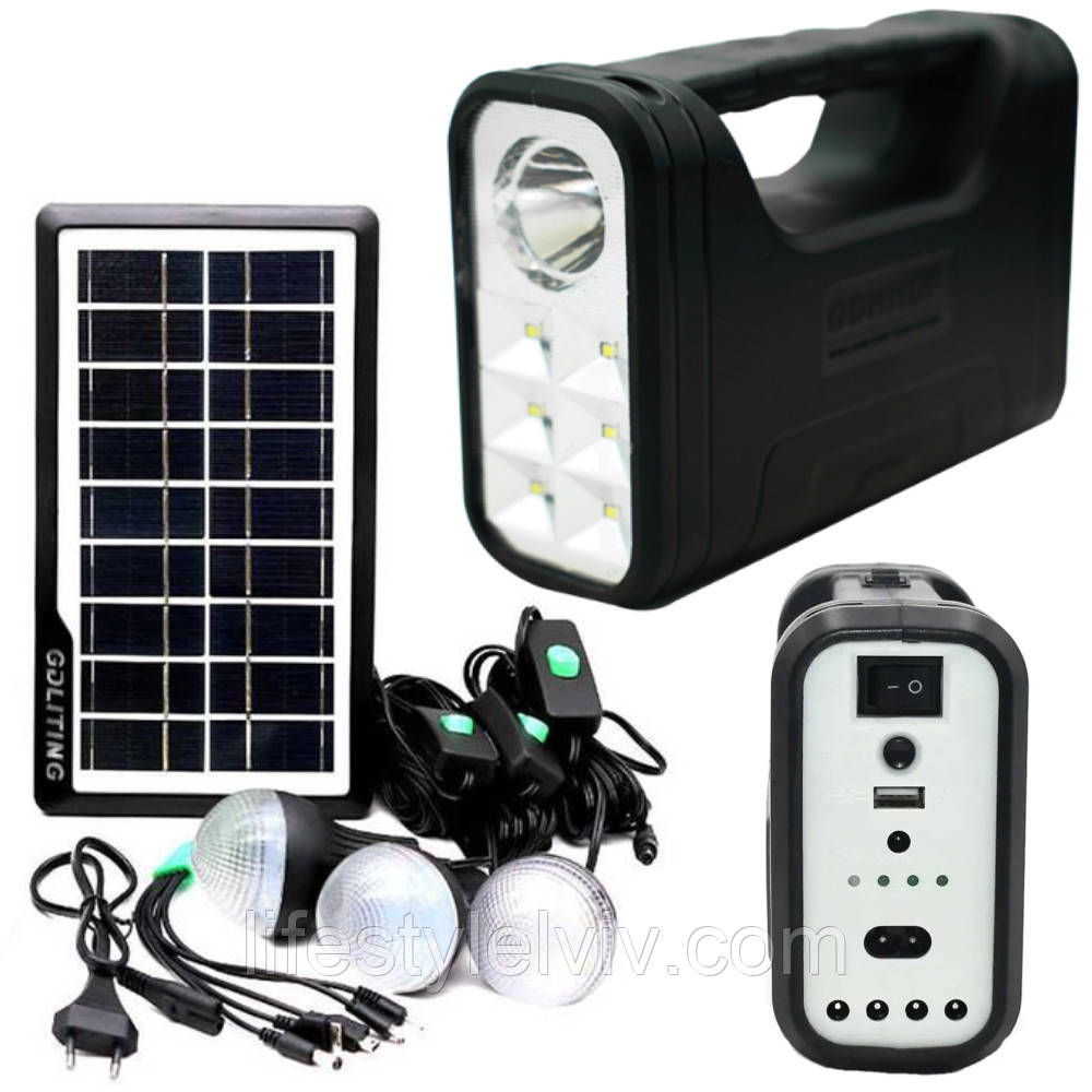 Ліхтар на сонячній батареї з PowerBank, GD-8017-1, + 3 лампочки / Кемпінговий акумуляторний ліхтар, фото 1
