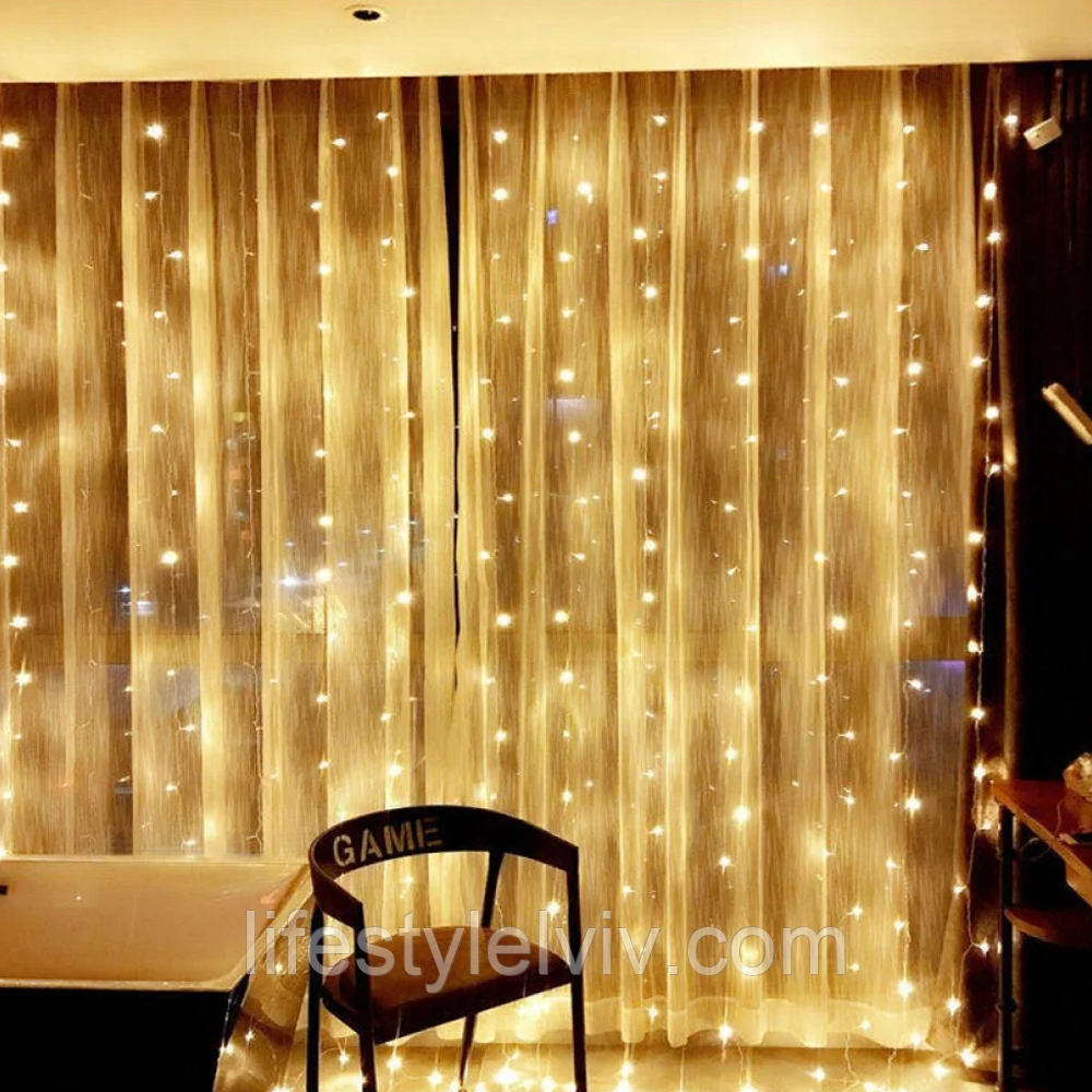 Гірлянда Штора 2х1,5 м, 192 LED, від мережі, Теплий білий, AD-50544 / Світлодіодна новорічна гірлянда завіса, фото 1