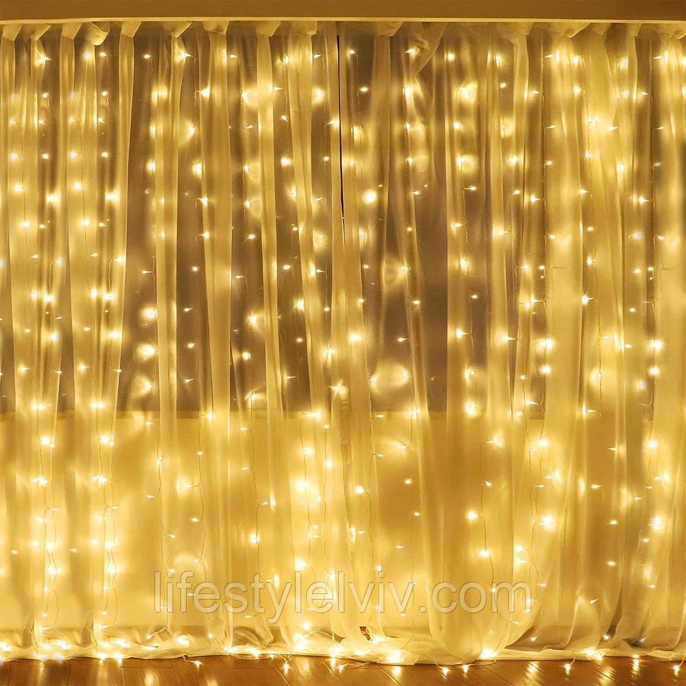 Гірлянда штора-водоспад 3х1,5 м, 240 LED, 220V Тепле світло / Світлодіодна гірлянда-завіса на вікно