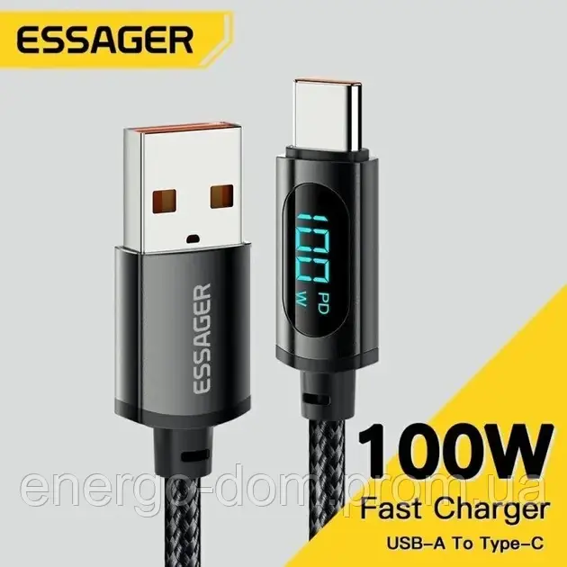 Кабель Essager USB/Type-C 2 метра PD 100W 20V/5A LED дисплей швидка зарядка для ноутбуків смартфонів планшетів