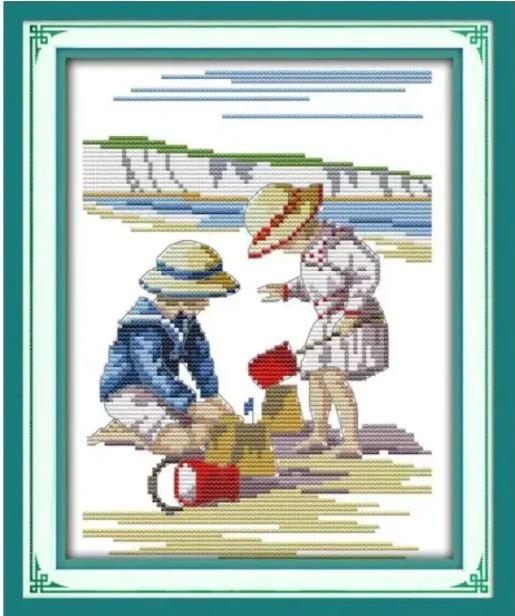 Набір для вишивання за нанесеною на канву схемою "Play in the seaside". AIDA 14CT printed, 21*28 см, фото 1