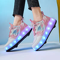 Роликовые светящиеся кроссовки Led на 4 колесах, USB зарядка, премиум качество, бело-розовые (RKL-33)