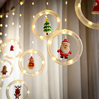 Светодиодная штора-гирлянда Большие круги с праздничными фигурами 3м, Бахрома на окно 10 LED Тепло-белый