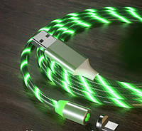 USB Кабель магнитный MicroUSB=>USB для зарядки. Magnetic. Светящийся Зеленый