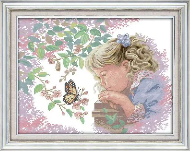 Набір для вишивання за нанесеною на канву схемою "The little girl with butterfly".AIDA 14CT printed , 38*30 см