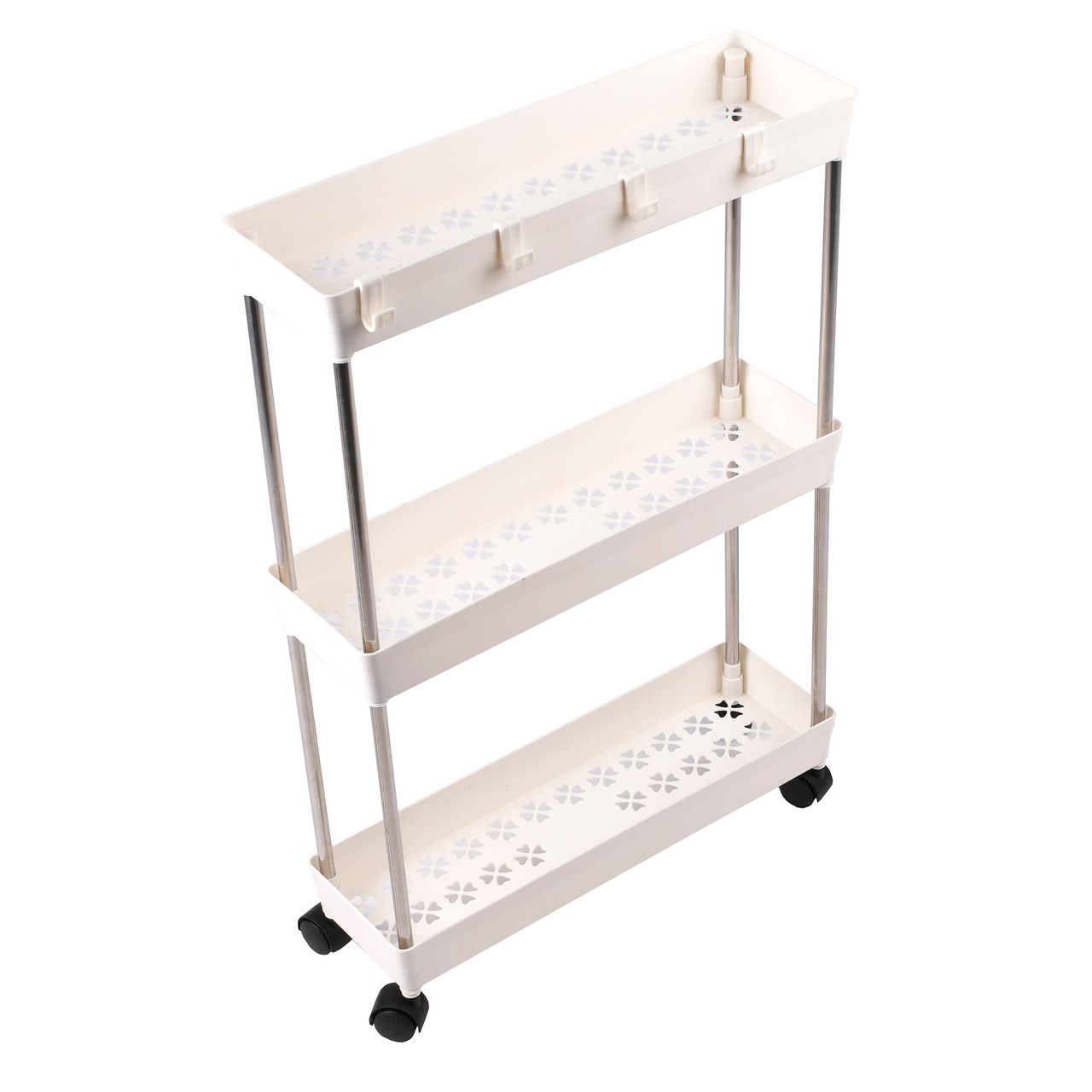 Вузька полиця на колесиках, етажерка стелаж на 3 полиці на колесах з гачками для кухні та ванної біла, фото 1