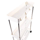 Вузька полиця на колесиках, етажерка стелаж на 3 полиці на колесах з гачками для кухні та ванної біла, фото 2