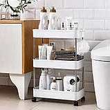 Вузька полиця на колесиках, етажерка стелаж на 3 полиці на колесах з гачками для кухні та ванної біла, фото 6