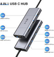 Док-станция USB-концентратора 8 в 1, USB C-адаптер Thunderbolt до 8 портов: двойной HDMI, VGA, DisplayPort