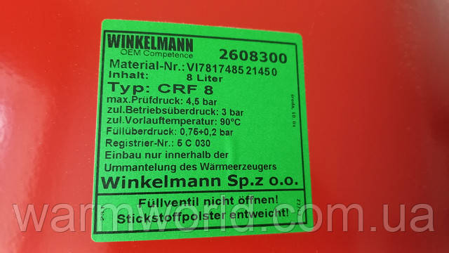 Winkelmann OEM Competence 2608300 Materail-Nr.:VI7817485 21450 Inhalt: 8 Liter Typ: CRF 8 max. Prufdruck: 4,5 bar zul. Bereibsuberdruck: 3 bar zul. Vorlauftemperatur: 90 °C Fulluberdruck: 0.75+0.2 bar Regstrier-Nr.: 5 C 030 Einbau nur innerhalb der Ummantelung des Warmeerzeugers Winkelamnn Sp.z o.o. Fullventil nicht offnen! Stickstoffpolster entweicht!