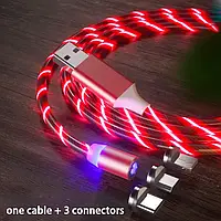 USB Кабель магнитный, 3 в 1 (microUSB, USB Type-C, Apple ) =>USB для зарядки. Magnetic. Светящийся Красный