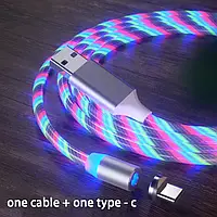 USB Кабель магнитный USB Type C =>USB для зарядки. Magnetic. Светящийся Мультиколор