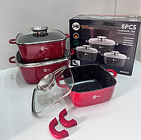 Набір квадратних каструль-відведенов 6 предметів Higher Kitchen HK 302 Червоний граніт Німеччина, фото 4