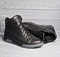 Кожаные мужские зимние черные кеды / ботинки на меху ТМ Level!!!