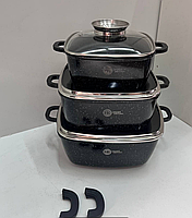 Набір квадратних каструль-відведенов 6 предметів Higher Kitchen HK 302 Червоний граніт Німеччина, фото 10