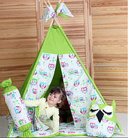 Детский домик Вигвам , палатка Совы Комплект ( подушки+коврик) 115*115