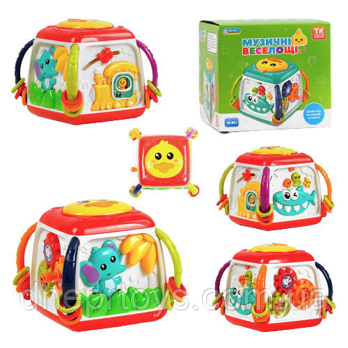 Розвиваючий куб “Музичні веселощі” 4 пісні, 3 казки, мелодії, цифри, підсвічування, пальчикові ігри, звук барабана, рухомі, фото 1
