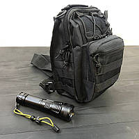 Набор: армейская черная сумка + фонарь тактический профессиональный YR-672 POLICE BL-X71-P50