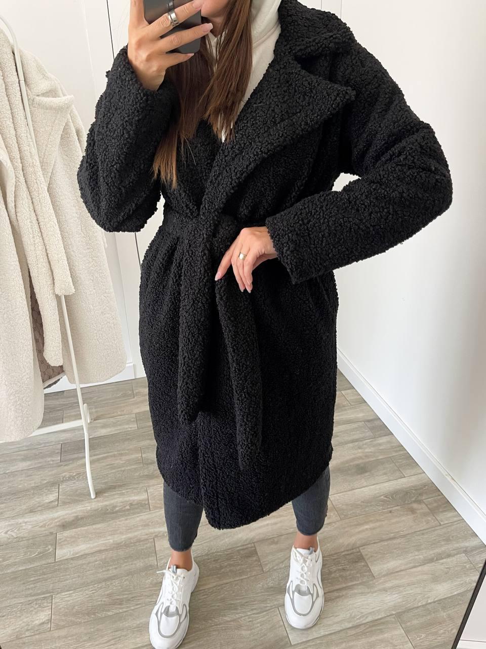 Пальто женское стильное теплое "Тедди" с поясом Черный, 50/52 - фото 5 - id-p2002721746