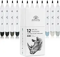 Art-n-Fly Professional Brush Tip Cool Grey Markers Набір із 12 маркерів холодних сірих тонів.