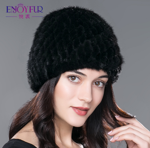 Хутряна жіноча шапка з в'язаної норки без підкладки чорна, фото 1