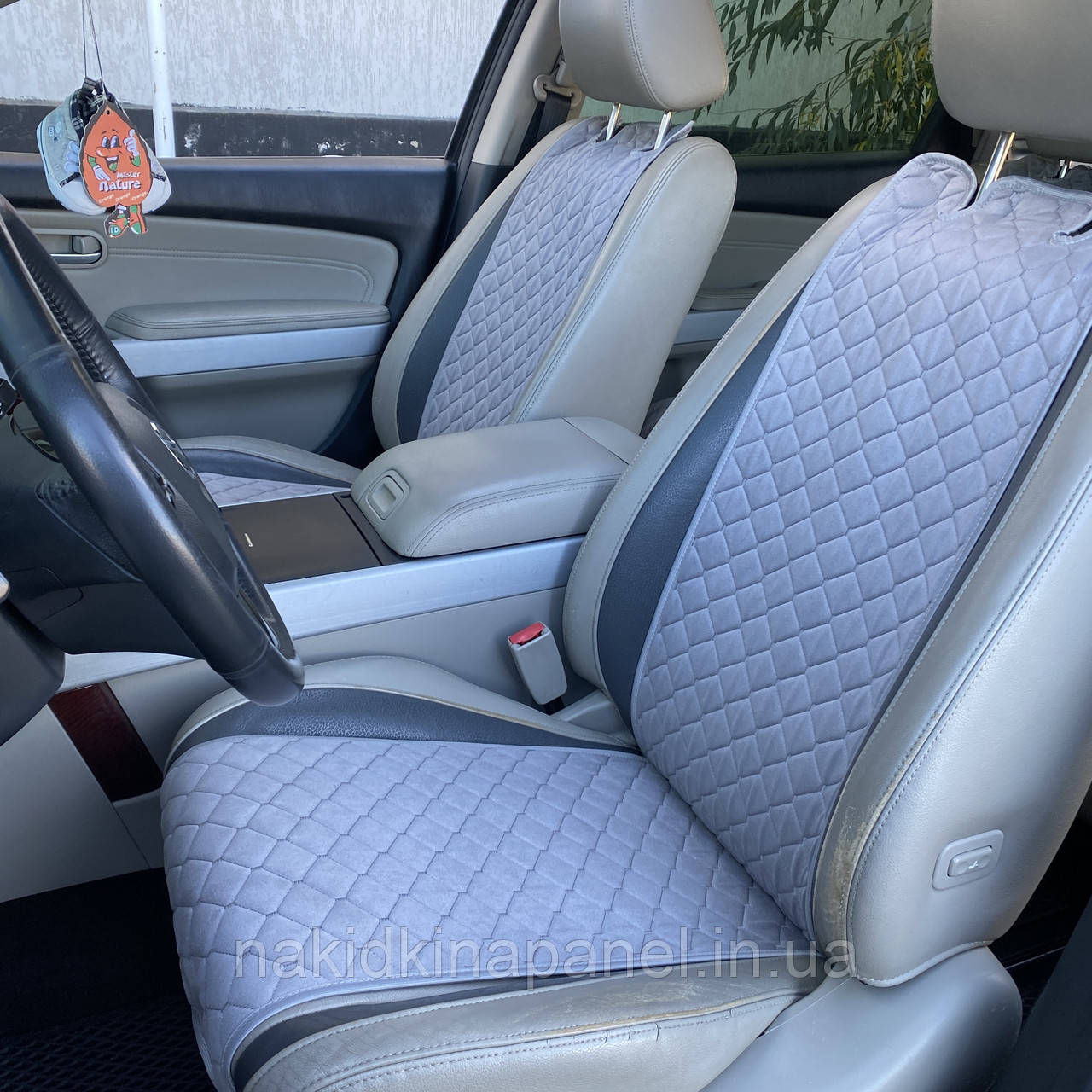 Накидки на сидіння з алькантари, Ромбік Світло - сірий із світло-сірою ниткою, Стандарт, Передній комплект, фото 1