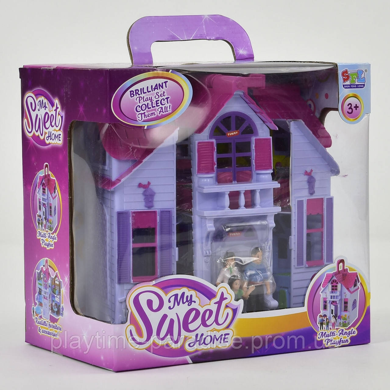 Будиночок дитячий розкладний для ляльок F 611 два поверхи, 3 фігурки персонажів, улюбленець, меблі, у коробці