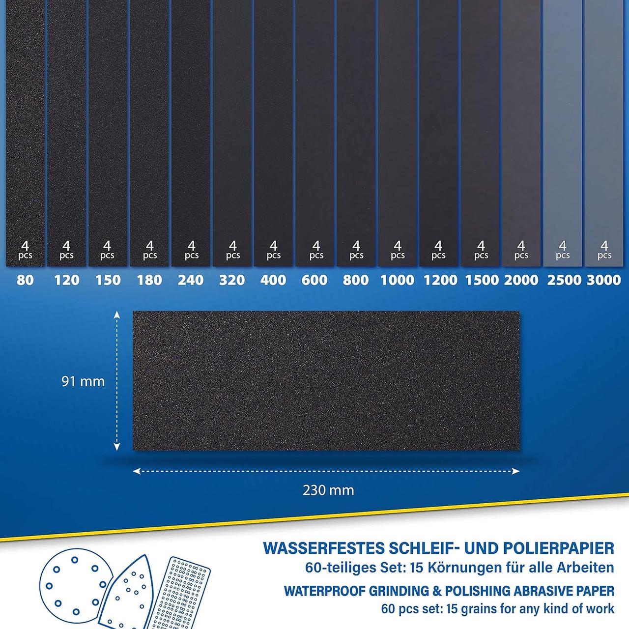 Набір вологостійкого наждачного паперу S&R 91х230 мм 60 шт 15 видів зернистості від 80 до 3000