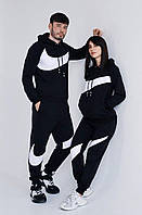 Мужской спортивный базовый трикотажный костюм Nike Big Swoosh Black двухнитка худи с капюшоном черный биг свуш