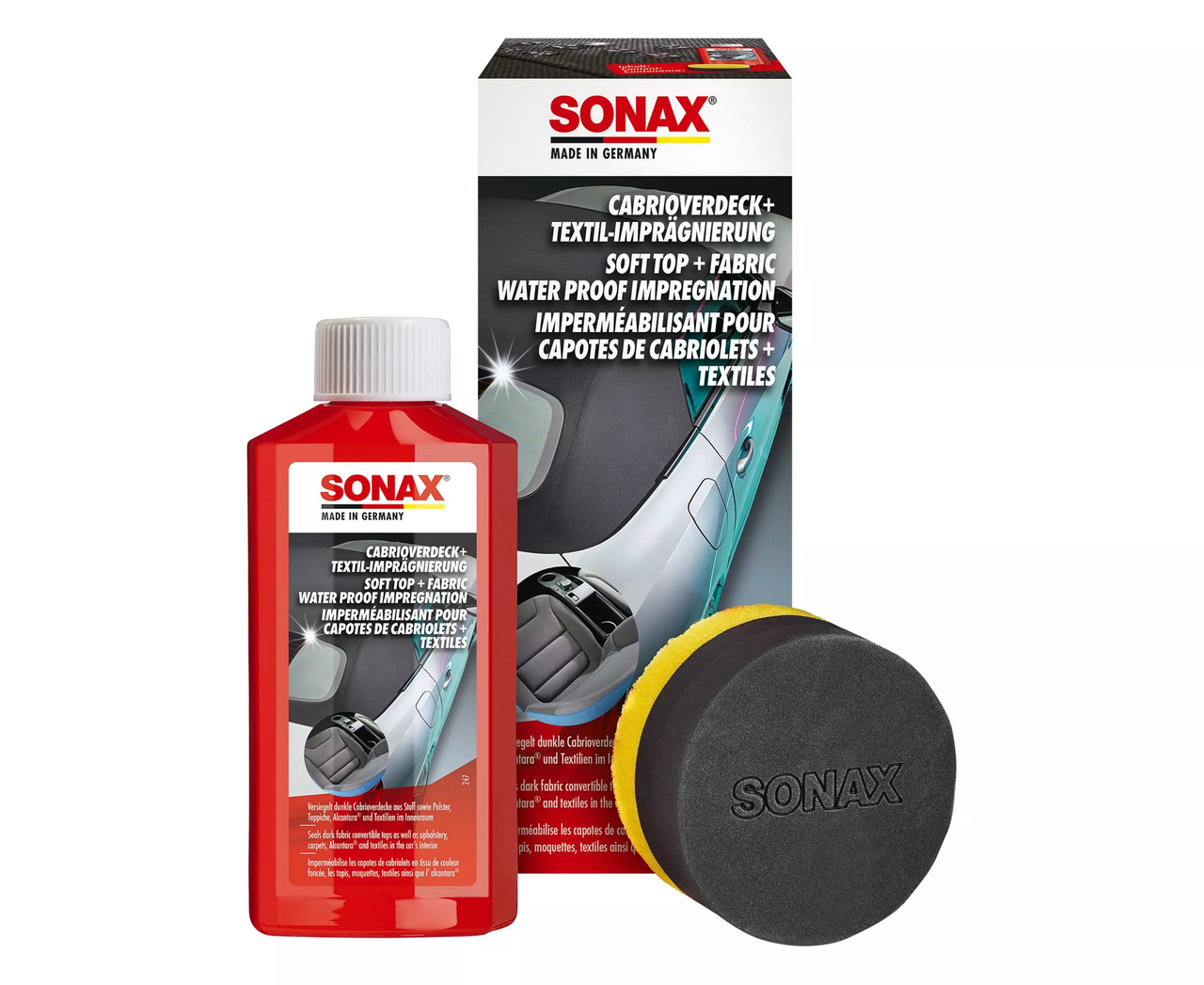 Комплект для захисту дахів кабріолетів із тканини 250 мл та аплікатор SONAX Soft Top + Fabric Water Proof Impregnation