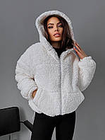 Женская зимняя плюшевая куртка на молнии на подкладке с капюшоном (черный, белый, бежевый) размер: 42-46,48-52 Белый, 48/52