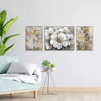 Комплект Білі квіти 3 картини триптих, фарба з металевим ефектом у наборі ITR-017 (rb-0756 rb-0702 rb-0767)