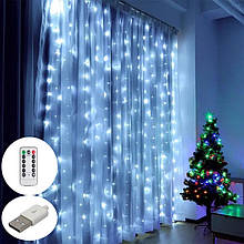 Гірлянда штора Крапля роси 3х3м, Пульт, 17 ниток, 8 режимів, 510 Led, USB, біла