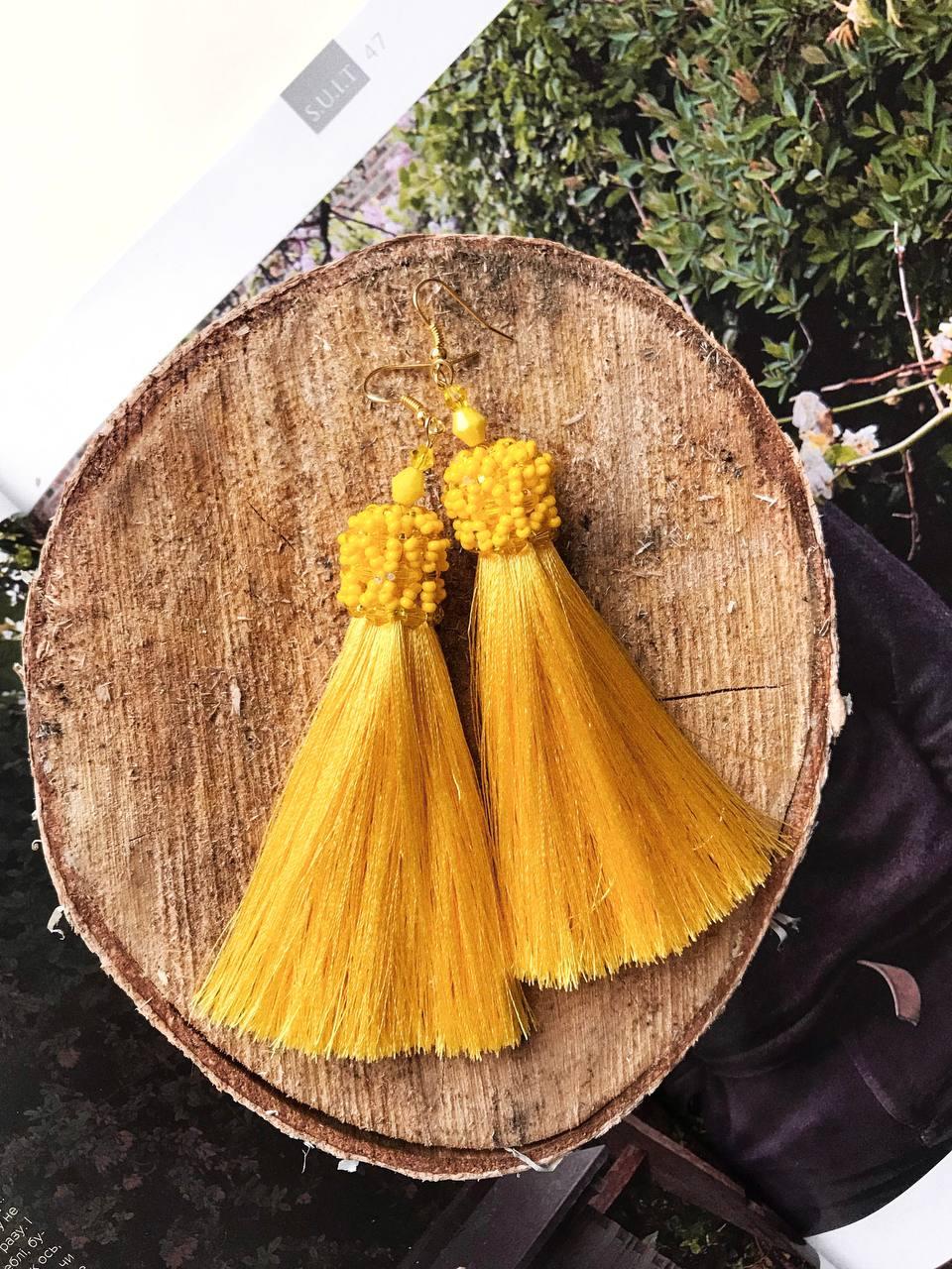Сережки китиці ручної роботи, колір жовтий