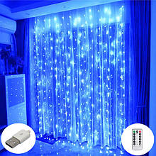 Гірлянда штора Крапля роси 3x2м,17 ниток, 8 режимів, 360 Led, USB, пульт, синя