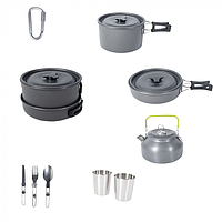Алюмінієвий кемпінговий набір посуду DS-308 (каструля,сковорода,чайник та столові прилади)