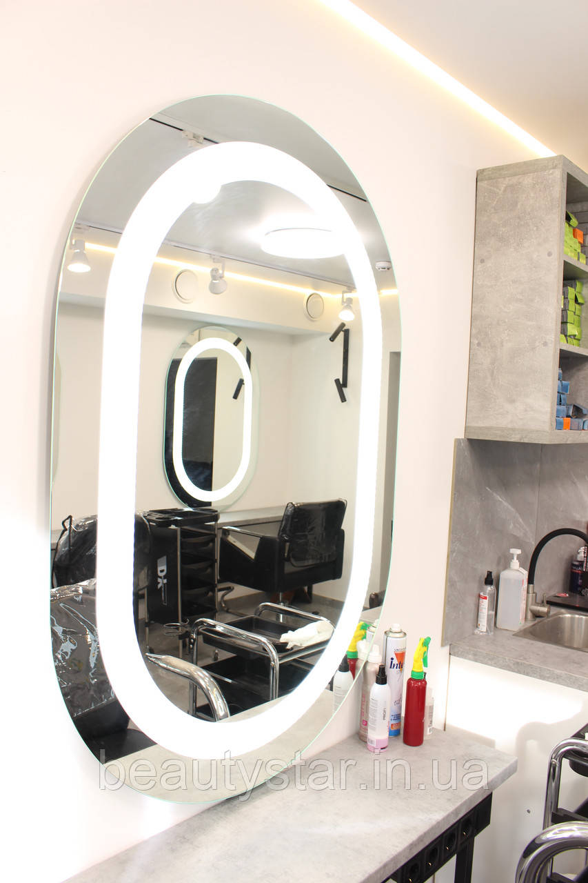 Перукарське дзеркало з LED підсвічуванням для макіяжу MR_OVAL Овальні дзеркала для перукарського салону краси, фото 1